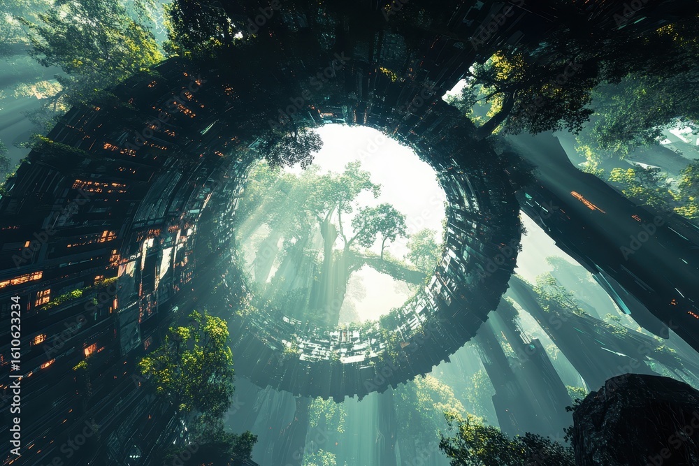 Poster exploring an abstract sci-fi tunnel filled with alien greenery and futuristic structures, flying in 