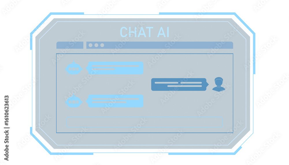 Poster digital chat ai interface screen with user and bot dialogue layout in abstract futuristic style on w