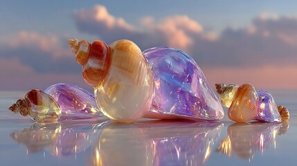 A collection of polished shells arranged in a spiral, reflecting soft pastel hues under a serene sky