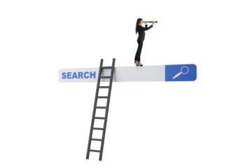 Businesswoman on search bar with telescope and ladder, realistic style on white background, concept of search, vision and digital exploration