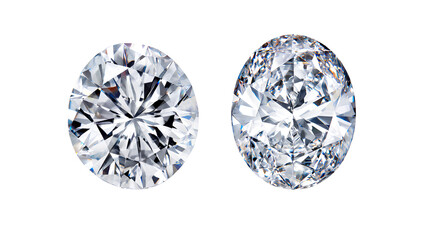  Two images side by side, one a round diamond and the other an oval-shaped diamond. The diamonds have perfectly sharp edges and a dazzling effect against a Transparent background PNG