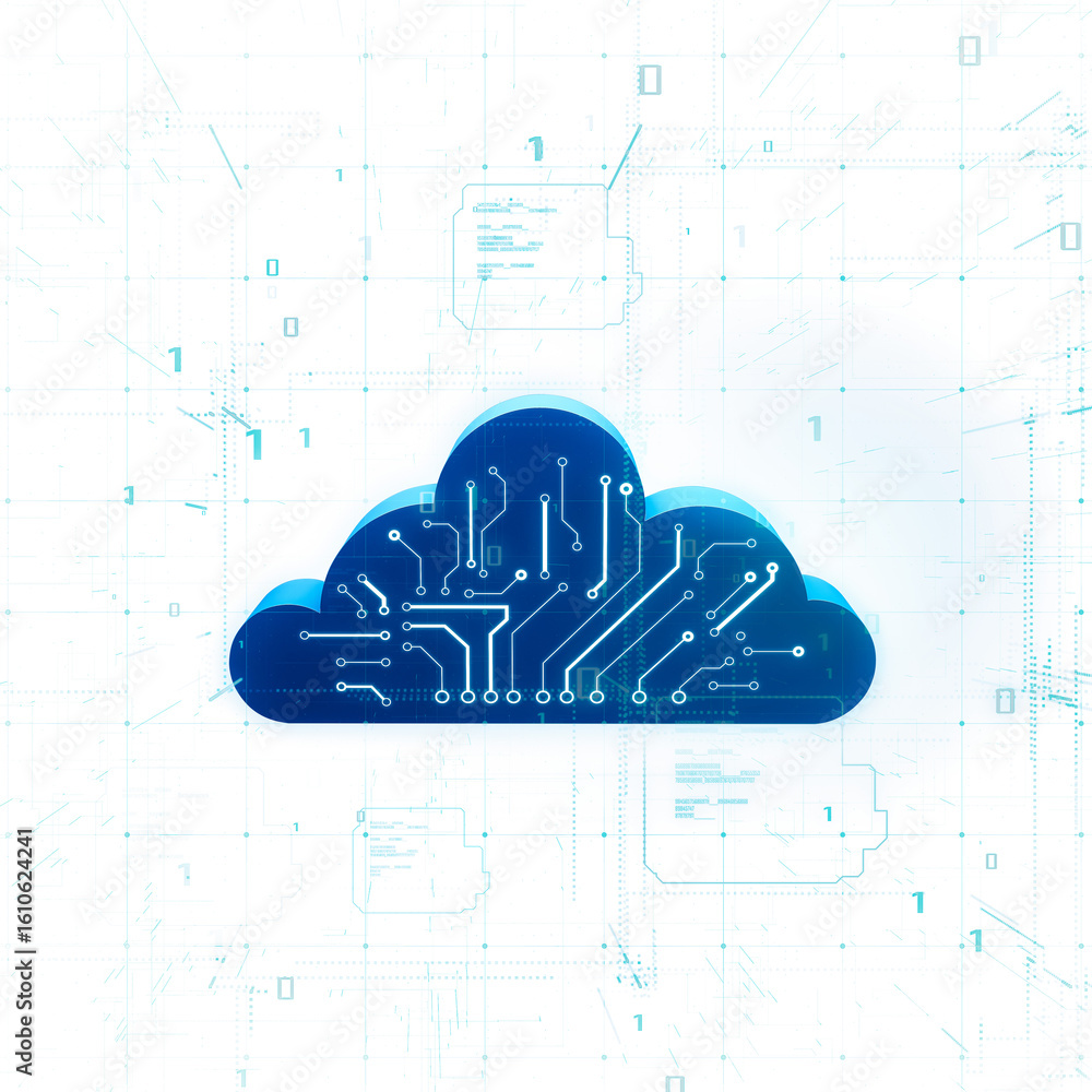 Poster blue cloud with circuit pattern representing cloud computing, digital style on white abstract backgr
