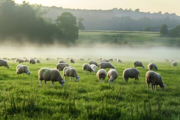 Fototapeta premium Flock of sheep grazing in a foggy field at sunrise