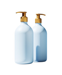 Two blank pump bottles with golden caps isolated on white background, clean layout for product branding, advertising or promotional mockup. 3D Rendering