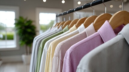 Obraz premium Wooden hangers showing pastel clothes in fashion boutique store