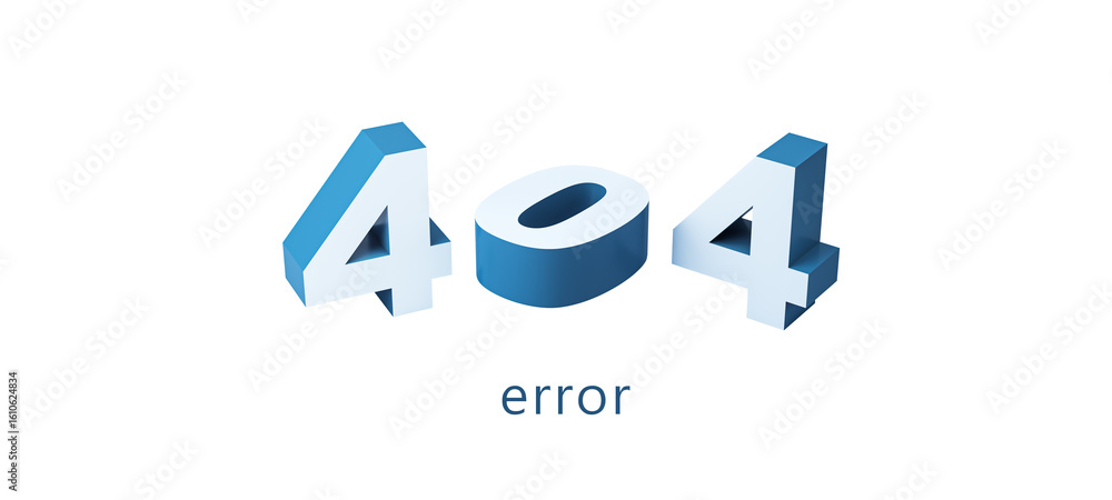 Poster 3d rendering of blue 404 numbers with the word error below, isolated on a clean white background, re