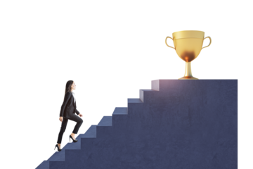 Woman in business attire climbs stairs toward a golden trophy, isolated on white background, symbolizing leadership, growth, and professional achievement