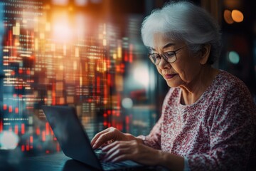 Senior Caucasian woman processing financial data on laptop with digital background at a modern workspace, financial data processing over senior caucasian woman using laptop