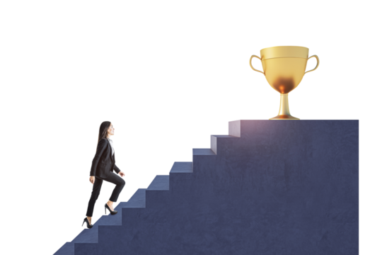 Woman in business attire climbs stairs toward a golden trophy, isolated on white background, symbolizing leadership, growth, and professional achievement