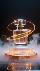 Elegant perfume bottle with swirling light and smoke effect