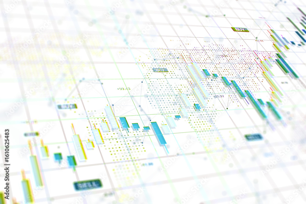 Poster abstract financial candlestick chart with data visual elements, modern graphic style, isolated on wh