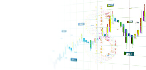 Colorful candlestick chart with USD sign, clean modern design, isolated on white background, concept of forex trading and currency exchange, 3D Rendering