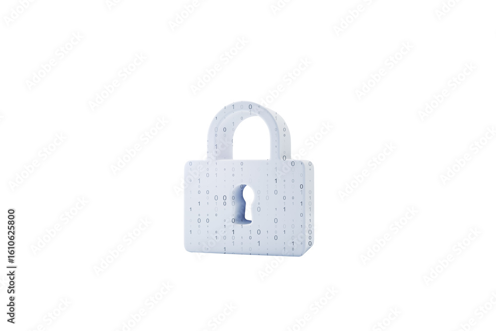 Poster white padlock with binary code texture isolated on white background, representing cybersecurity, pri