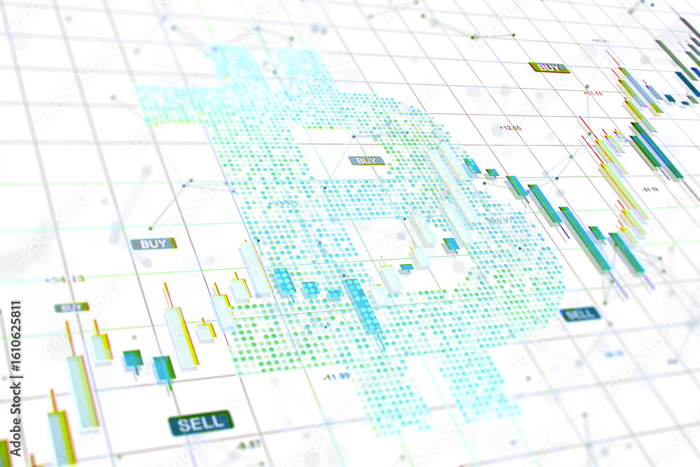 Poster bitcoin symbol composed of digital dots over trading chart with candlestick indicators on white grid