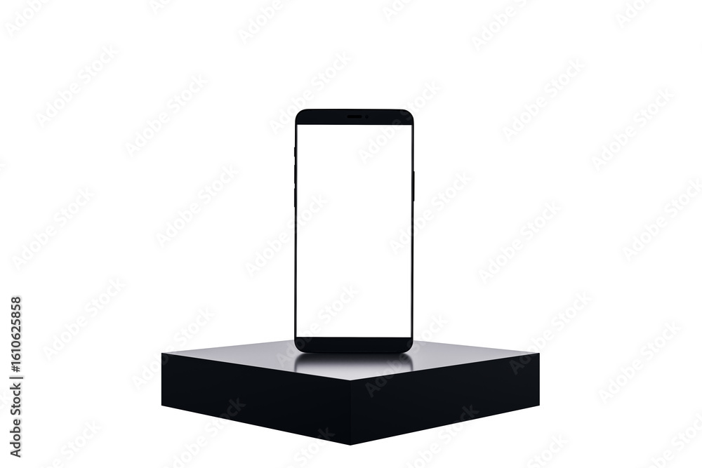 Poster black smartphone with empty screen displayed on glossy black platform, isolated on white background,