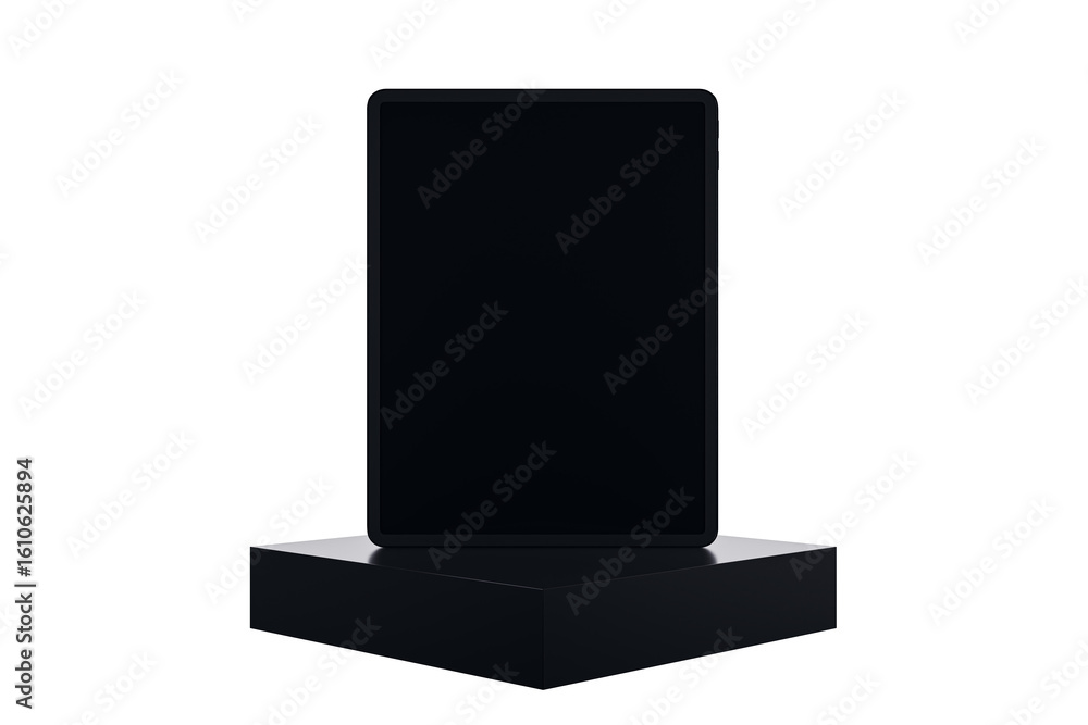 Poster black digital tablet with blank screen placed on a dark pedestal, isolated on a clean white backgrou