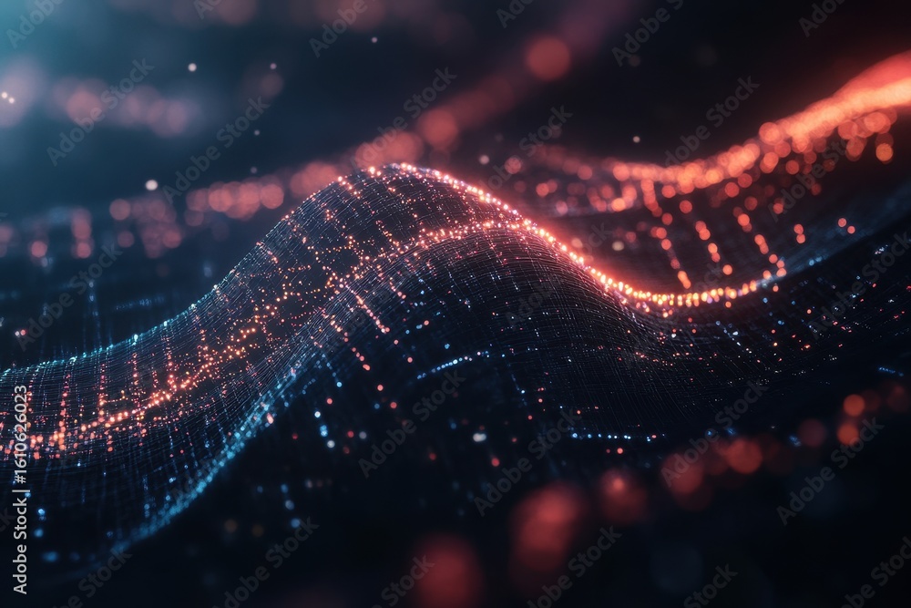 Poster dna strands intertwine with data elements on a dark background, showcasing a tech view of genetics, 