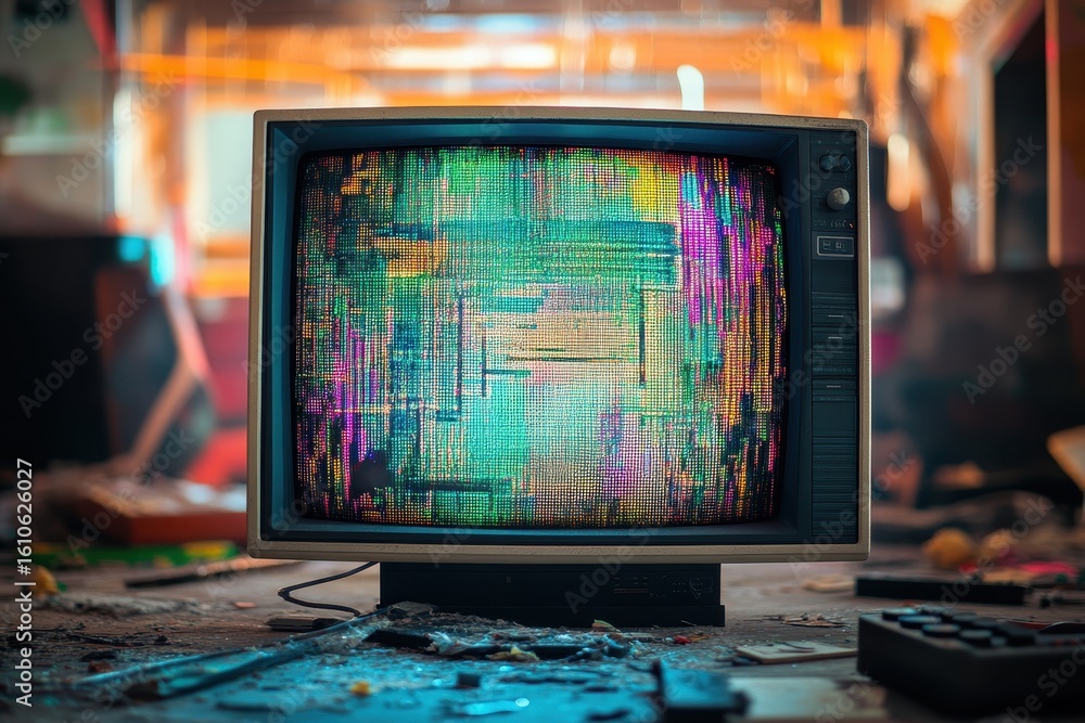 Poster glitching screen of a retro television in an abandoned space filled with debris and vibrant colors, 