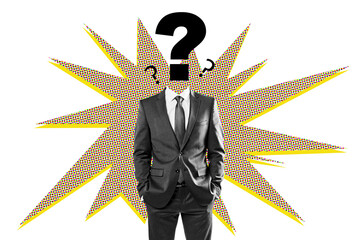 Man in suit with question mark instead of head, pop art comic burst background, on white. Concept of confusion, doubt, query in business