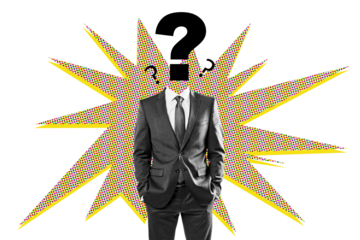Man in suit with question mark instead of head, pop art comic burst background, on white. Concept of confusion, doubt, query in business