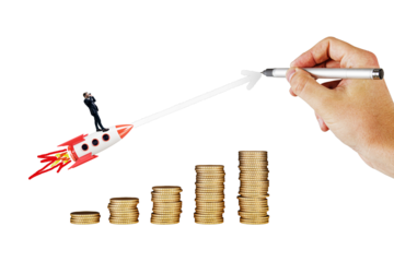 Businessman on rocket above coin stacks, hand drawing upward arrow, isolated on white background. Concept of startup success and business growth