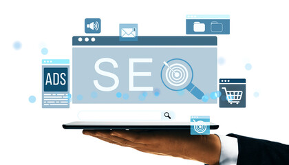 SEO technology interface with search, ads, email, and ecommerce icons above a tablet held by hand,...
