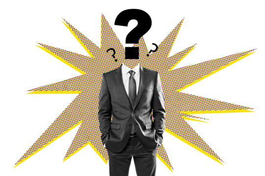 Man in suit with question mark instead of head, pop art comic burst background, on white. Concept of confusion, doubt, query in business
