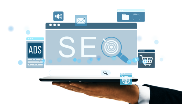SEO technology interface with search, ads, email, and ecommerce icons above a tablet held by hand, clean layout on white background