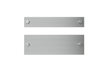 Two blank brushed metal rectangular nameplates with bolts, isolated style, on white background. Concept of signage, branding, or mockup. 3D Rendering