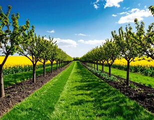 Obraz premium Tranquil Orchard Vista: A Row of Green Trees Leading to a Field of Yellow Blossoms