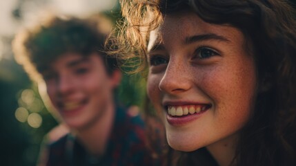 Obraz premium Two smiling young adults in a head and shoulders portrait, with a softly blurred green background