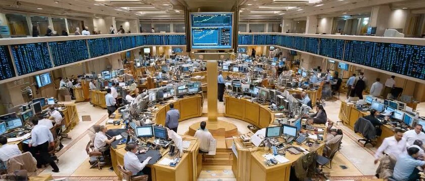 Trading Floor in Action: A wide shot of a bustling trading floor reveals a dynamic atmosphere as financial professionals collaborate, monitor data, and engage in fast-paced transactions.