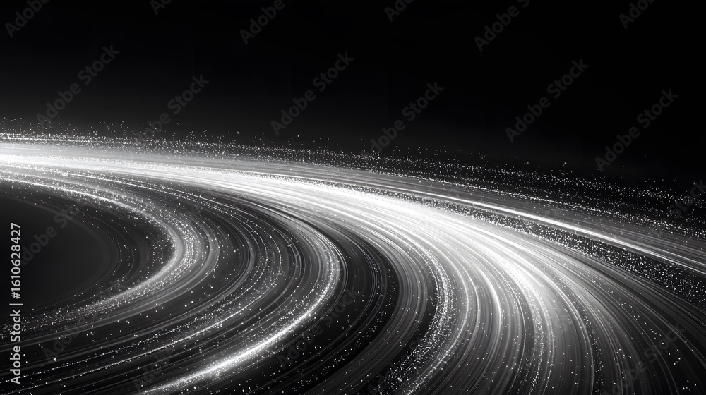 Poster abstract design with concentric light trails on a dark background.
