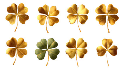 3d gold shamrock St Patrick day leaf clover set isolated on transparent background. Realistic lucky irish four leaves golden grass various design clipart. Ireland celebration celtic symbol collection