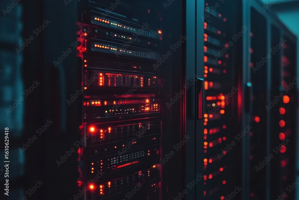Poster data processing and network connections within a server room at night showcasing technological infra