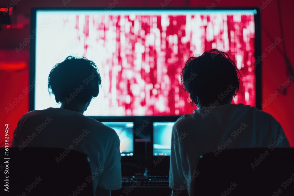 Poster content creators collaborate on video editing in a vibrant, modern studio setting during evening hou