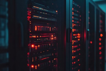 Data processing and network connections within a server room at night showcasing technological infrastructure, data processing over scope scanning and connections