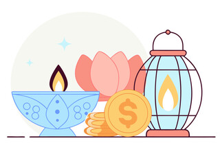 Diwali Celebration A Flat Vector Illustration Featuring a Diya Lotus Flower Coins and a Lantern flat