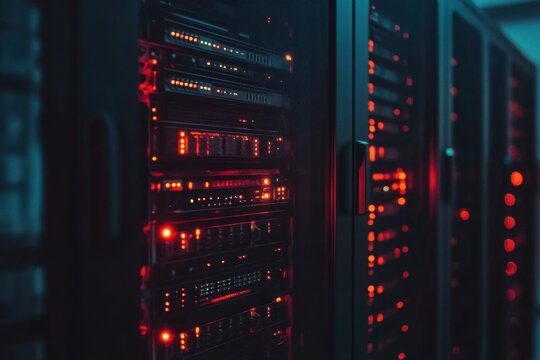 Data processing and network connections within a server room at night showcasing technological infrastructure, data processing over scope scanning and connections