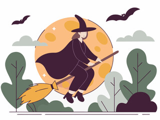 Whimsical Halloween Illustration A Smiling Witch Flying on a Broomstick Against a Full Moon Backdrop stylized