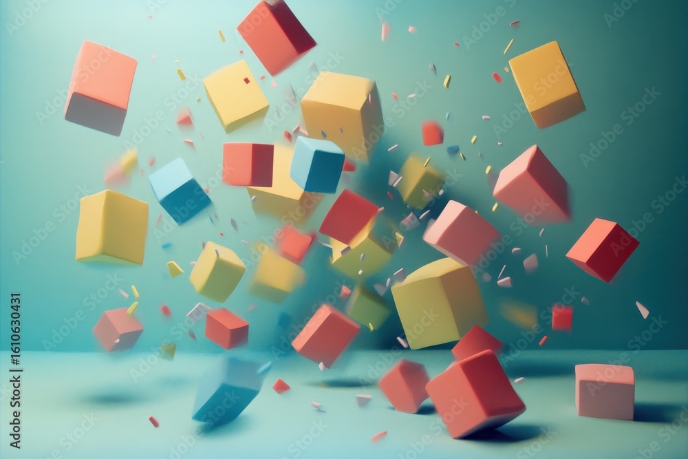 Poster geometric shapes in chaotic motion create a vibrant display of color and form, geometric shapes movi