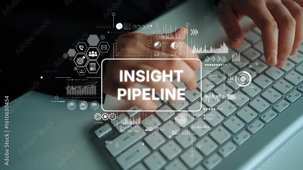 Poster modern hands typing on keyboard with digital data and insights background for business and technolog