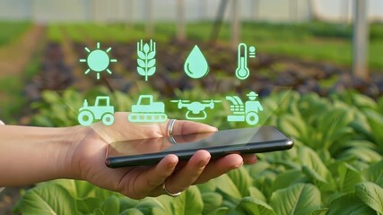 Hand holding smartphone displaying agricultural technology icons over a field, representing smart farming and modern agriculture. - Powered by Adobe