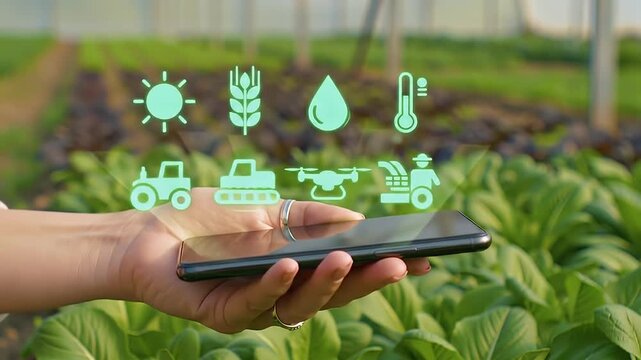 Hand holding smartphone displaying agricultural technology icons over a field, representing smart farming and modern agriculture. - Powered by Adobe