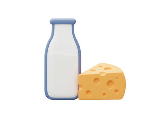 Isolated Milk Bottle and Cheese Wedge for Dairy Products