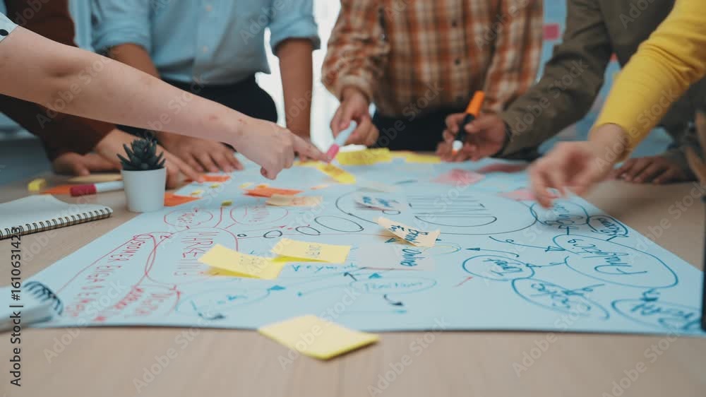 Poster engaging team members participate in a brainstorming session, utilizing colorful sticky notes to cap