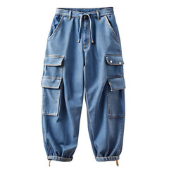 baggy denim cargo pants loose fit jeans mens streetwear pants casual cargo bottoms trendy baggy jeans isolated on white background,PNG.AI Generated.