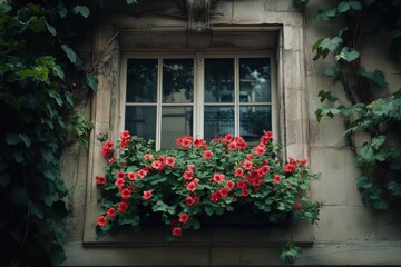 Flowering geraniums brighten a window on Mont street during a tranquil morning, Flowering geranium on the window of a house on Montmartre