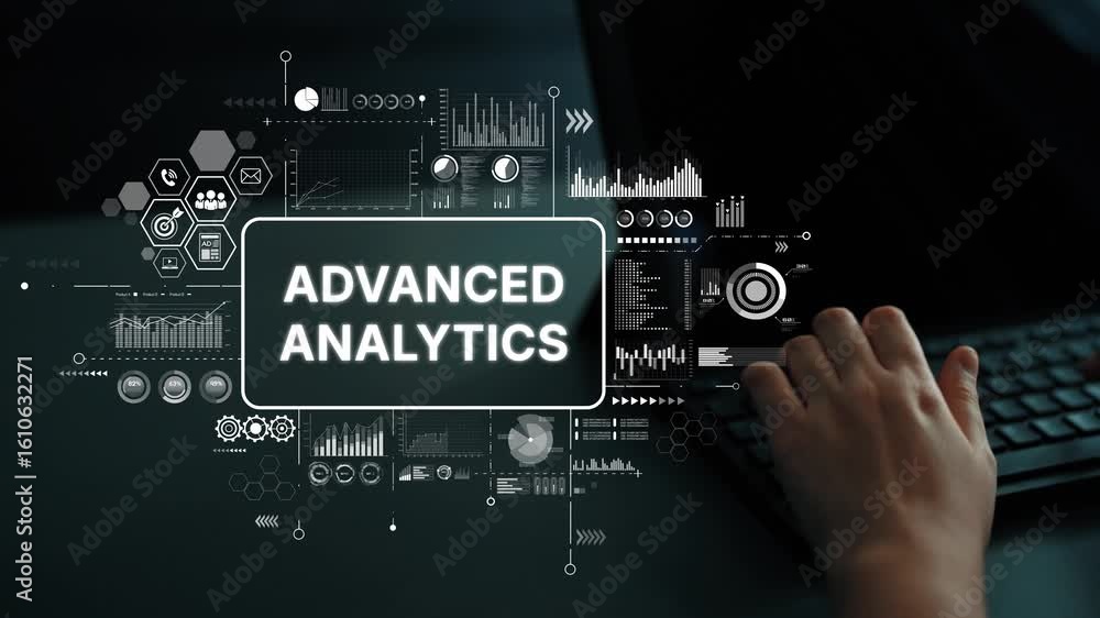 Poster Advanced Analytics Concept with Data Visualization and Hand on Keyboard in Dark Environment. Asymptotic smart data analytic.