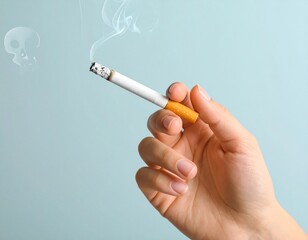 Hand holding a lit cigarette with curling smoke rising upwards